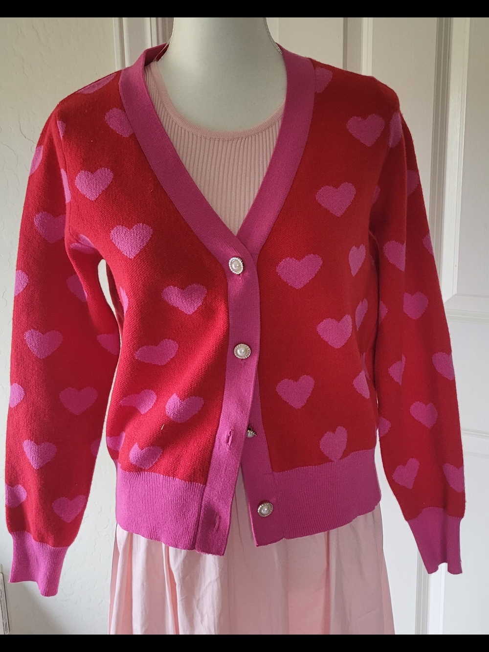 NWT Nanette Lepore Red Cardigan with Pink Heart Motif